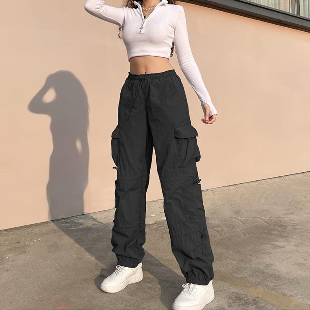 Parachute pants for women drawstring elastic waist ruched baggy cargo Y2K pocket